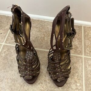 Aldo Open-Toe Brown Gladiator-Style Heels with Gold Studs